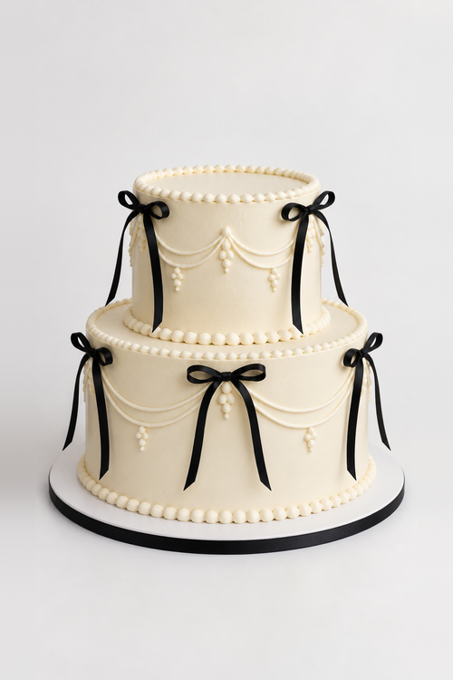 Ivory Black Ribbon Bows Tiered Cake