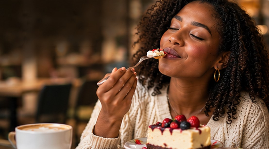 Enjoying a slice of cake with a coffee