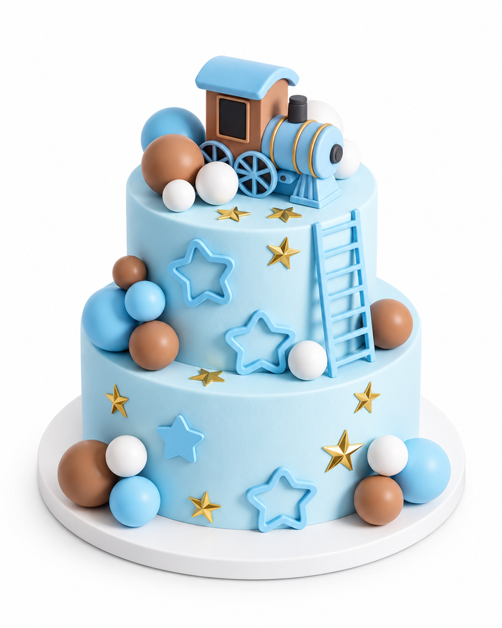 Choo-Choo Train Blue Tiered Cake