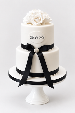 Mr & Mrs Black Bow Wedding Cake